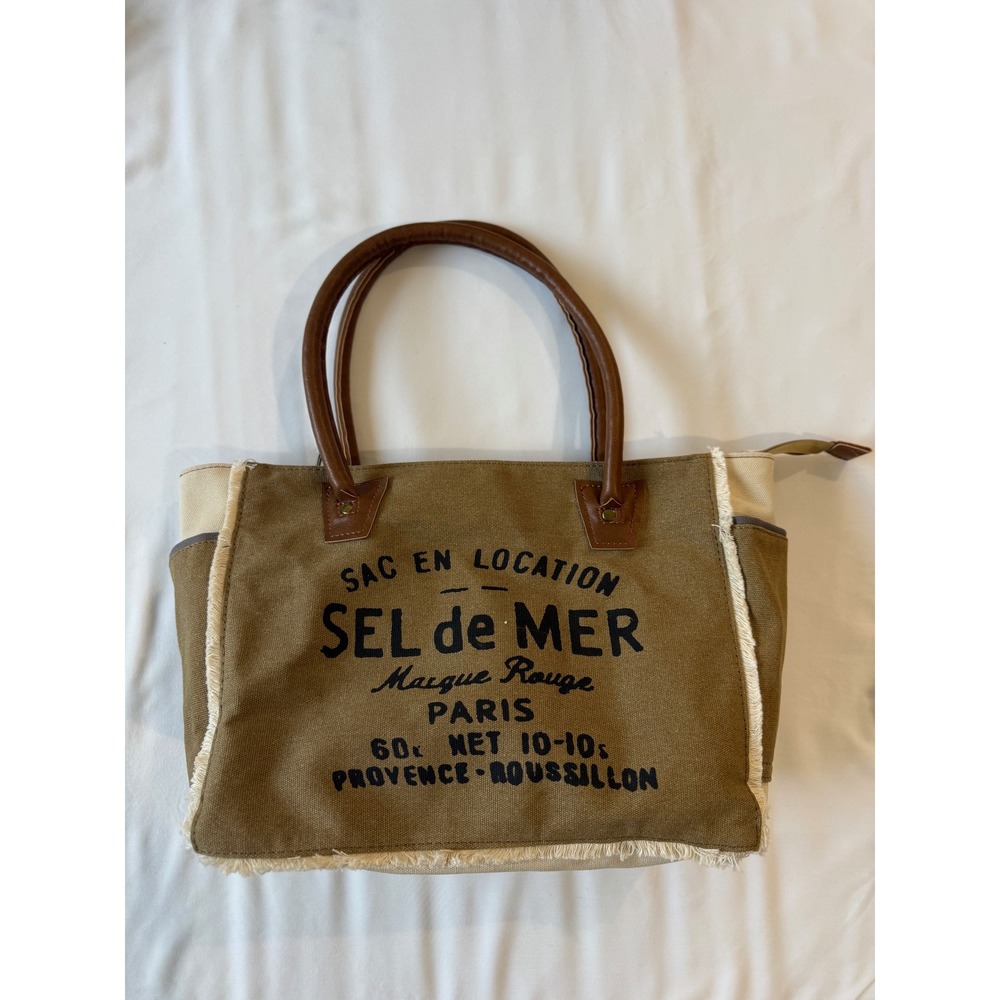 Sel de Mer Paris Canvas Tote Bag Olive Green Frayed Edge Handbag Distressed Boho